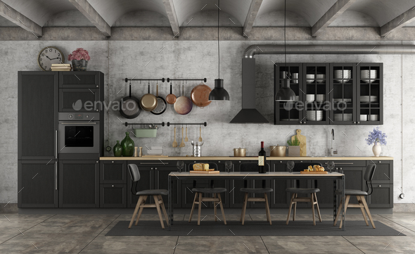 Retro black kitchen in a grunge interior Stock Photo by archideaphoto